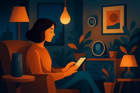 mujer relajada en su casa inteligente durante la noche, rodeada de tecnología domótica (1)