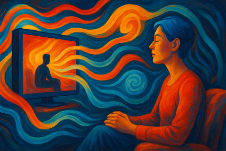 persona viendo una serie mientras ondas de luz y energía salen de la pantalla (1)