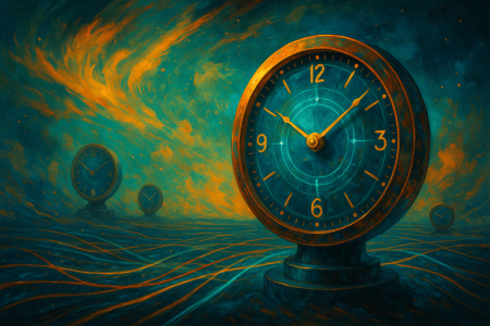 relojes cuánticos interconectados bajo un cielo cósmico colorido, (1)