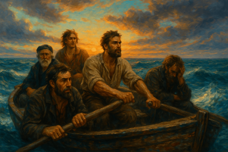 náufragos remando en un bote en medio del océano (1)