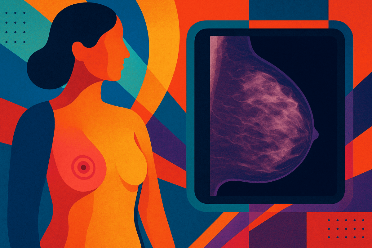 Ilustración artística abstracta de una mujer frente a una mamografía digital (1)