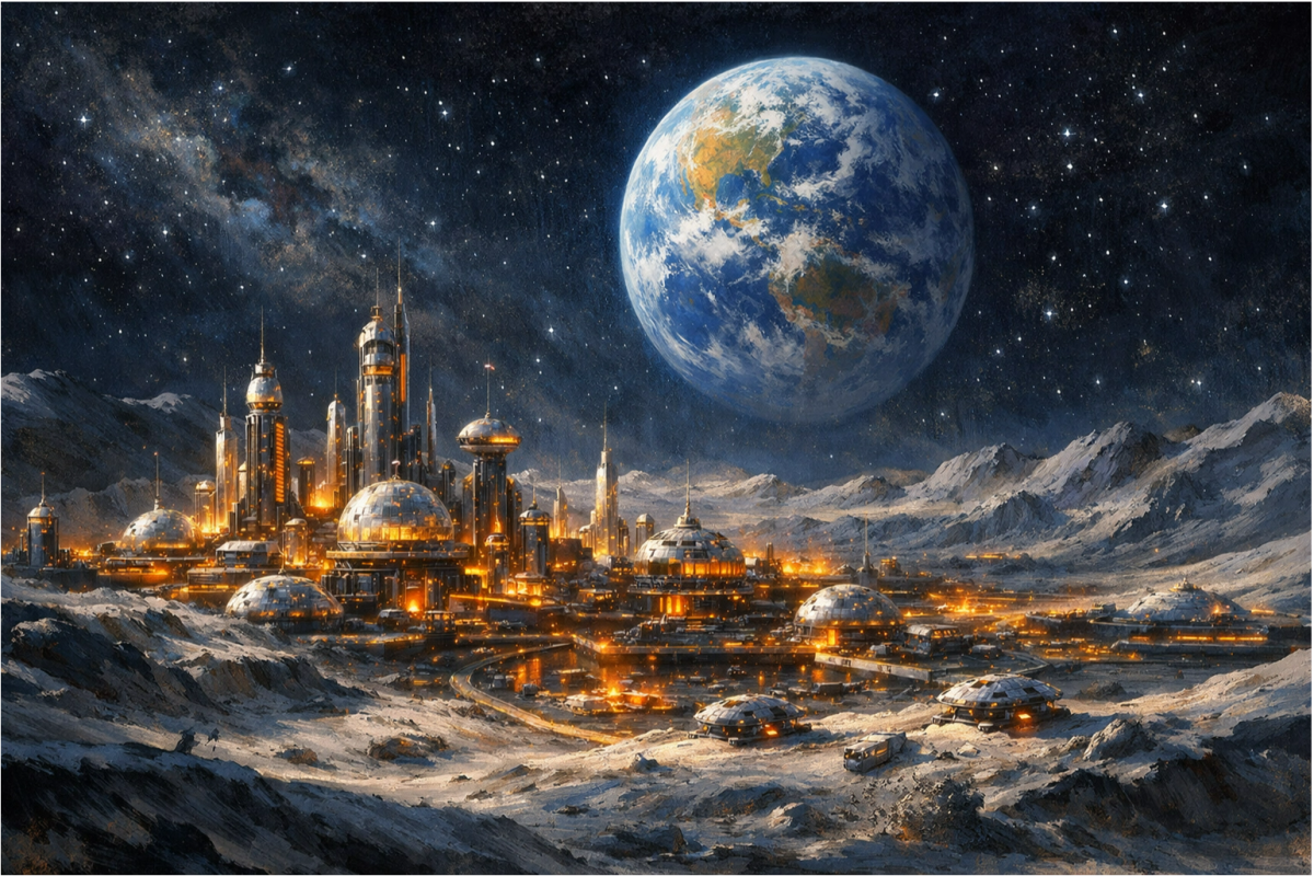 Base lunar futurista con cúpulas y rascacielos iluminados en la superficie de la Luna, con la Tierra visible en el cielo estrellado, representando los planes de SpaceX para colonizar la Luna antes que Marte