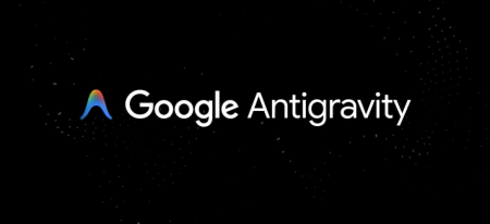 Logo oficial de Google Antigravity sobre fondo negro con partículas, el IDE con agentes de inteligencia artificial de Google para crear proyectos de desarrollo de software