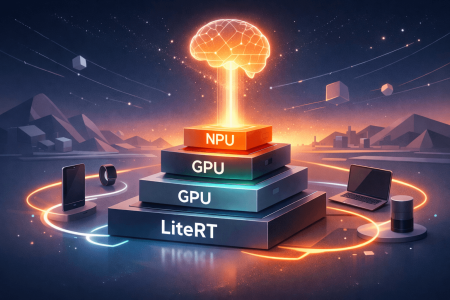 Diagrama de la pila de hardware de LiteRT de Google con capas LiteRT, GPU y NPU coronadas por red neuronal, rodeadas de dispositivos edge como móvil, portátil, smartwatch y altavoz