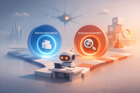 Robot IA entre dos esferas que representan base de conocimiento y búsqueda en internet, ilustrando cómo FunctionGemma aprende a elegir la herramienta correcta según el contexto de la consulta