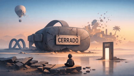 Unas gafas VR agrietadas con cartel CERRADO y logo de Meta en paisaje desolado con puerta EXIT, simbolizando el cierre de Horizon Worlds tras 70.000 millones de dólares invertidos
