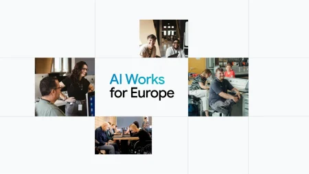 Imagen de la campaña AI Works for Europe de Google con collage de personas trabajando en oficinas y talleres junto al logotipo del programa de formación en inteligencia artificial en Europa