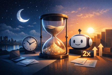 Robot con cara sonriente junto a un reloj de arena dorado un reloj de mesa y el símbolo 2x con flechas ascendentes representando la velocidad y los límites de uso de la inteligencia artificial