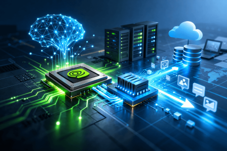 Chip GPU de Nvidia con red neuronal luminosa conectada a centros de datos y nube, ilustrando la nueva batalla por ejecutar inferencia de inteligencia artificial de forma rápida y barata