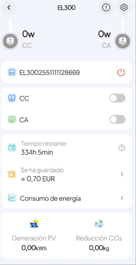 Tiempo restante (334h 5min), ahorro acumulado y opciones de monitorización