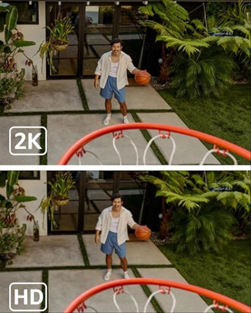 Diferencia real entre la resolución 2K (arriba) y HD estándar (abajo): más nitidez en texturas, bordes y colores