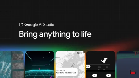 Imagen promocional de Google AI Studio con el lema Bring anything to life sobre fondo oscuro con gradiente multicolor y ejemplos de aplicaciones generadas con IA mediante vibe coding