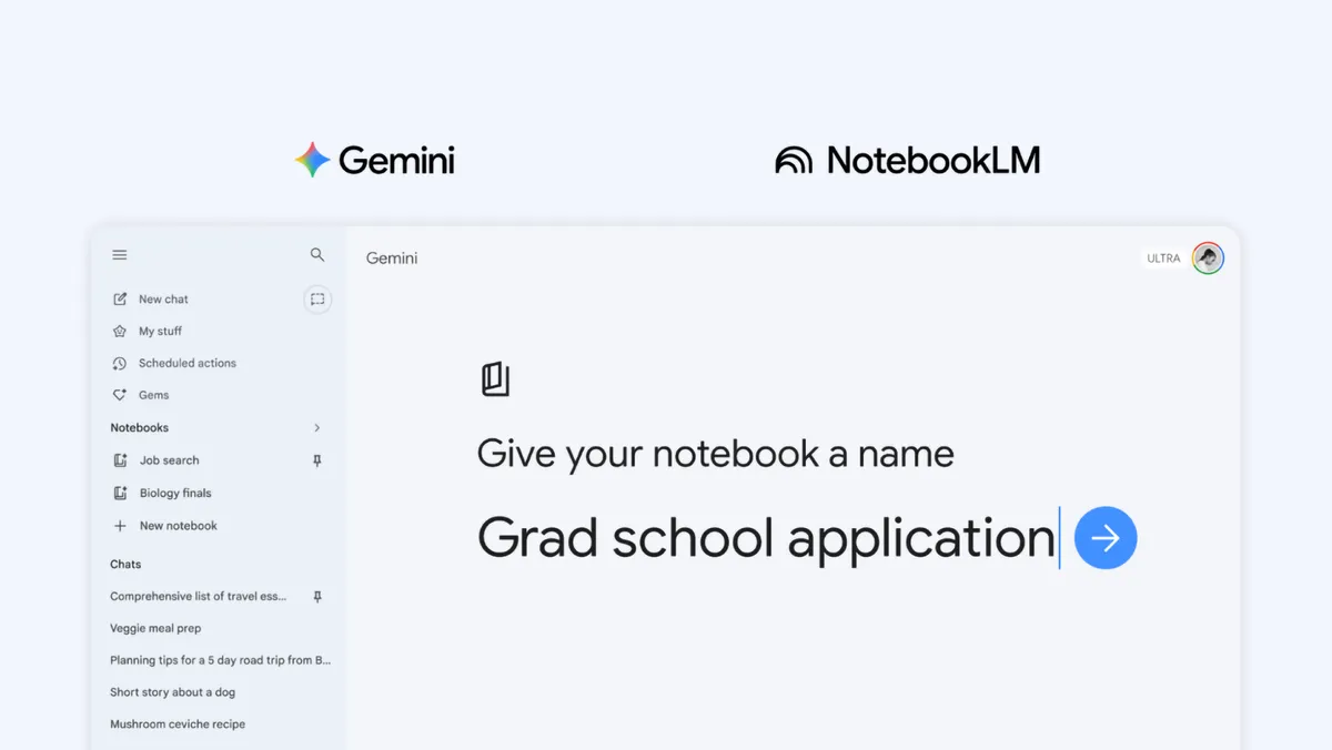 Google integra NotebookLM directamente dentro de Gemini: los notebooks ya viven en la barra lateral del chatbot, sincronizados con la app original