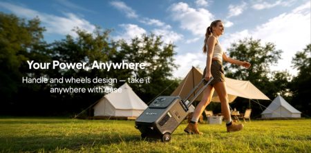 Mujer transportando la estación de energía portátil BLUETTI Elite 400 con ruedas y asa en un camping glamping con tiendas y texto Your Power Anywhere casi 4 kWh de capacidad