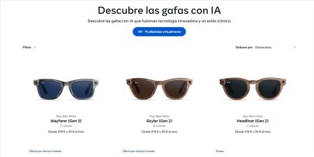 Captura de pantalla de la tienda Ray-Ban Meta con modelos Wayfarer Skyler y Headliner Gen 2 gafas inteligentes con IA desde 419 euros