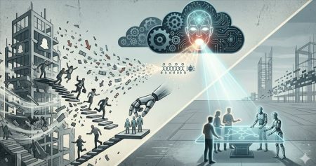 Ilustración futurista sobre el impacto de la inteligencia artificial en el empleo con figuras humanas robots engranajes y escaleras representando la transformación laboral