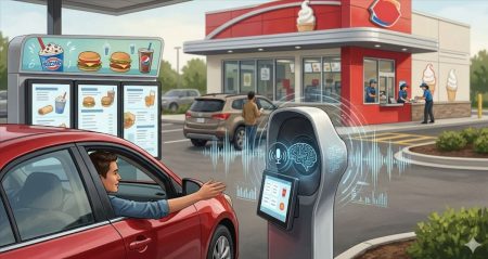 Drive-thru de Dairy Queen con sistema de IA de voz Presto y cliente realizando pedido desde el coche a un panel digital inteligente