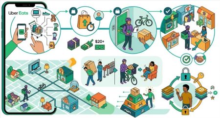Ilustración del servicio de devoluciones a domicilio de Uber Eats con repartidor recogiendo productos en la puerta del cliente para devolverlos a la tienda