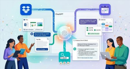 Integración de Dropbox con ChatGPT mostrando archivos, búsqueda empresarial Dash, calendario Reclaim y flujo de productividad