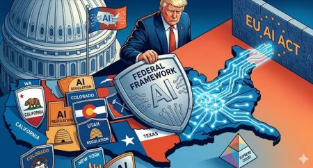 Infografía sobre regulación federal de inteligencia artificial en EE.UU. con mapa de estados, Capitolio, AI Act europeo y Tribunal Supremo