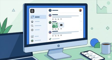 Versión web de escritorio de Threads con feed de publicaciones, mensajes directos y logo de Threads en monitor de ordenador
