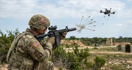 Soldado del Ejército de EE.UU. disparando munición anti-drones desde un fusil de asalto estándar contra un dron en vuelo