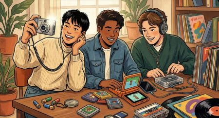 Jóvenes de la Generación Z usando tecnología retro como cascos con cable, consolas portátiles y cámaras digitales vintage