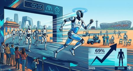 Robot humanoide Honor corriendo la media maratón de Pekín 2026 ante el Estadio Nacional Nido de Pájaro, con gráfica de mejora del 69% respecto a 2025 y temporizador de autonomía