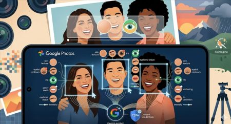 Interfaz de Google Photos con IA para retoque facial grupal: edición de textura de piel, cejas, iris, párpados, dientes y labios, con símbolo Gemini y certificación C2PA Content Credentials