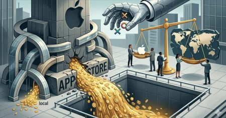 Ilustración de la investigación antimonopolio contra Apple en India: mano robótica frente al edificio de la App Store con monedas de oro derramándose y balanza de la justicia con mapa mundial