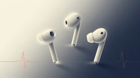 Tres siluetas abstractas de AirPods en composición editorial flat vector con gradiente cream a navy