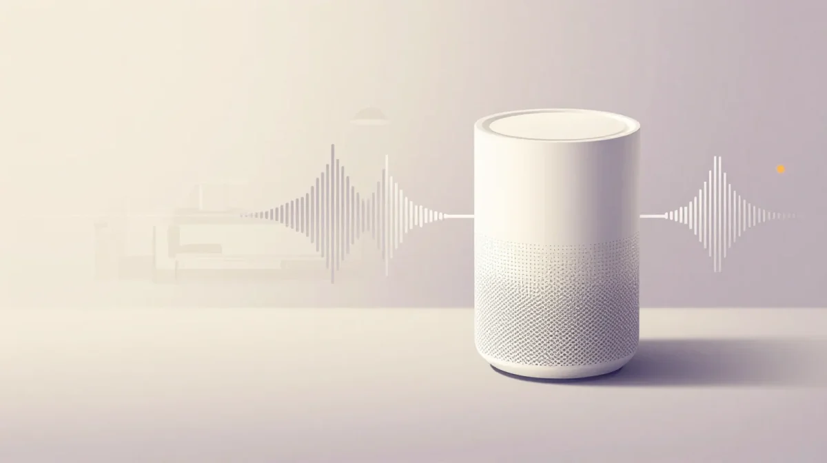 Cuatro altavoces inteligentes abstractos con ondas de voz en composición editorial flat vector