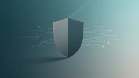 Ilustración editorial flat vector de escudo de protección contra malware con paleta tech navy y verde