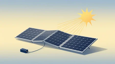 Ilustración editorial flat vector de panel solar plegable y estación portátil de energía