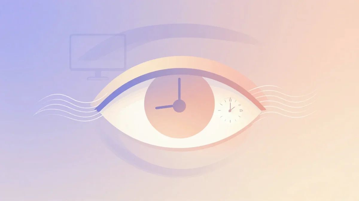 Ilustración editorial flat vector de ojo con reloj 20-20-20 y monitor en paleta lavender y peach