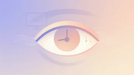 Ilustración editorial flat vector de ojo con reloj 20-20-20 y monitor en paleta lavender y peach