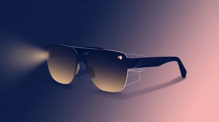 Ilustración editorial flat vector de gafas con HUD y señales holográficas en paleta indigo y rose