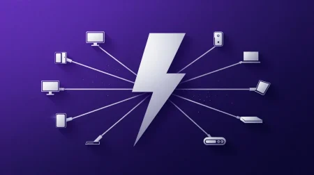 Ilustración editorial flat vector de dock Thunderbolt 4 con cables y puertos paleta electric purple y navy