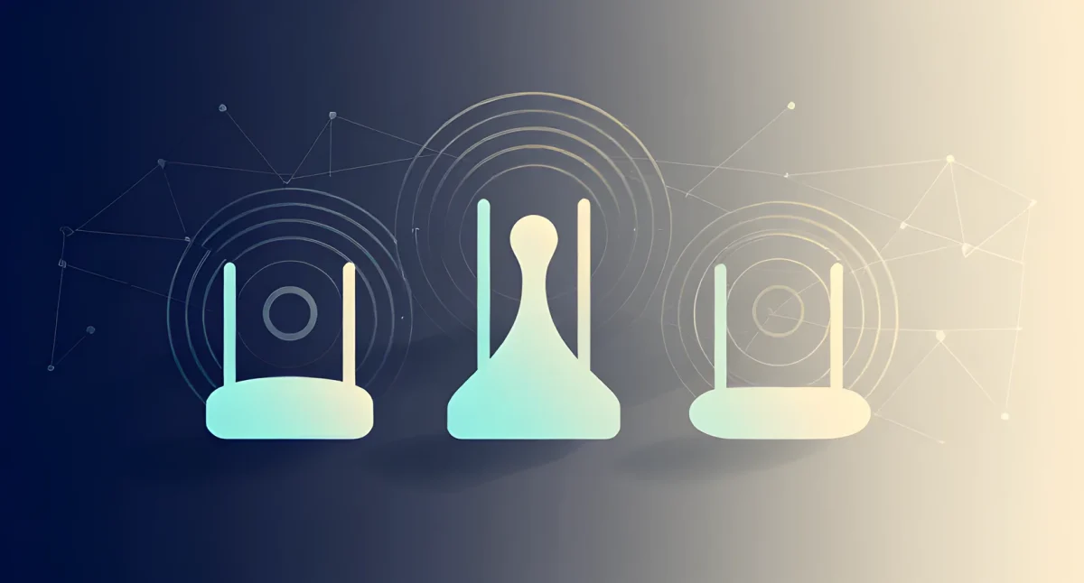 Tres routers WiFi 7 con ondas de señal en composición editorial flat vector navy y cyan