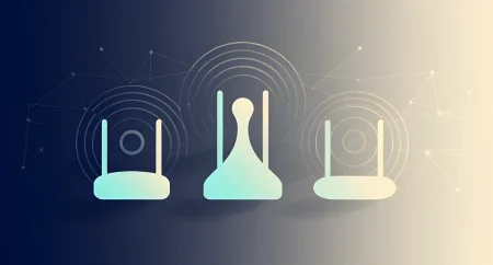 Tres routers WiFi 7 con ondas de señal en composición editorial flat vector navy y cyan