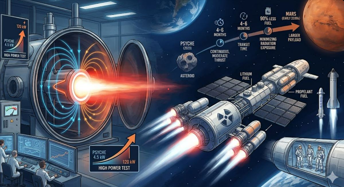 La NASA enciende un propulsor nuclear de litio que podría llevar humanos a Marte: 120 kilovatios y 25 veces más potencia que la misión Psyche