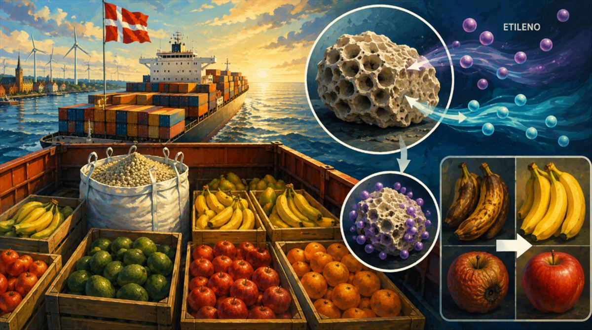 La arcilla que Dinamarca usa para que tus frutas no se pudran en el barco: un mineral barato captura el gas que acelera la maduración