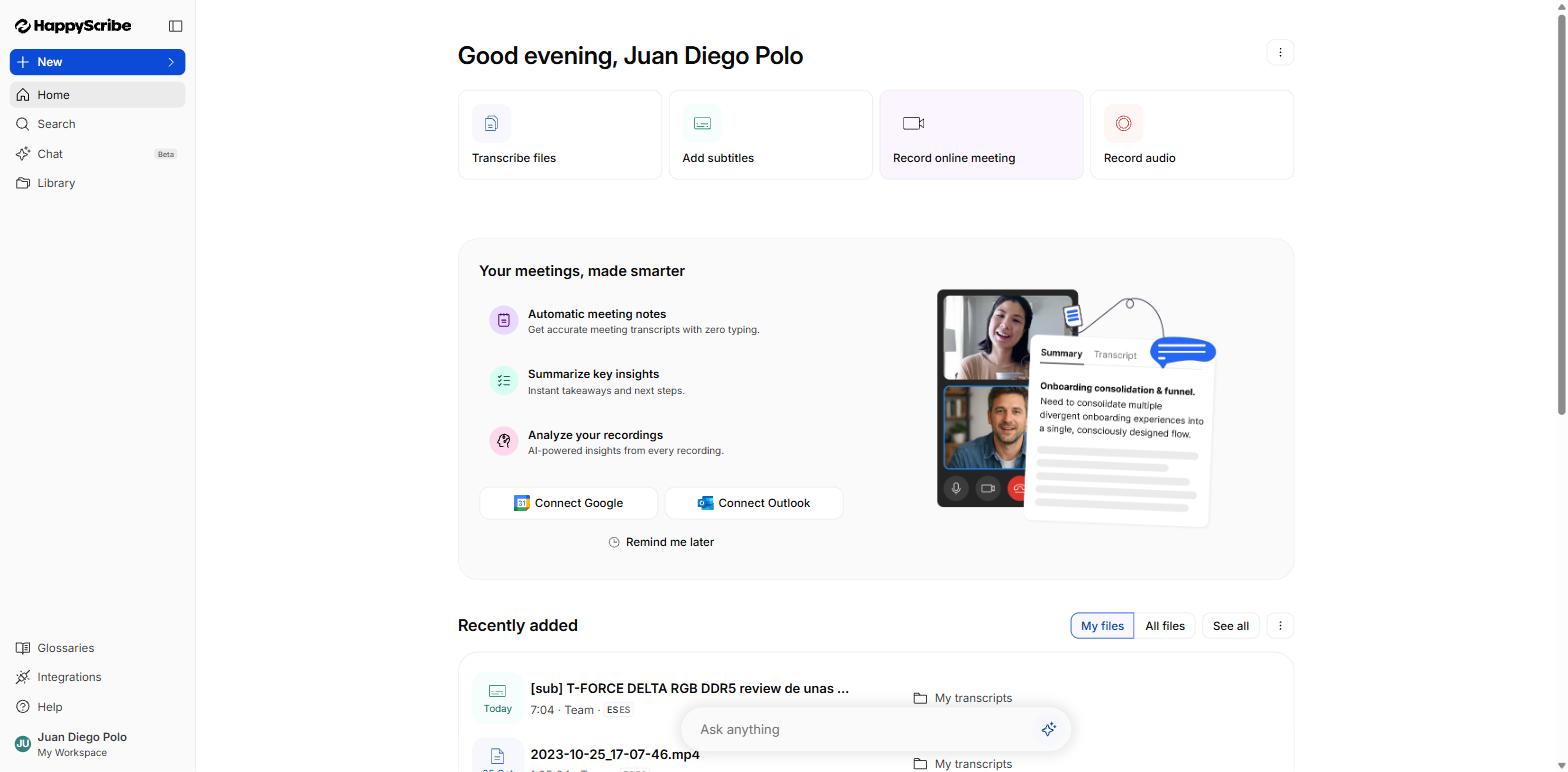 Panel de inicio de HappyScribe con los accesos a transcribir archivos, añadir subtítulos, grabar reuniones y grabar audio