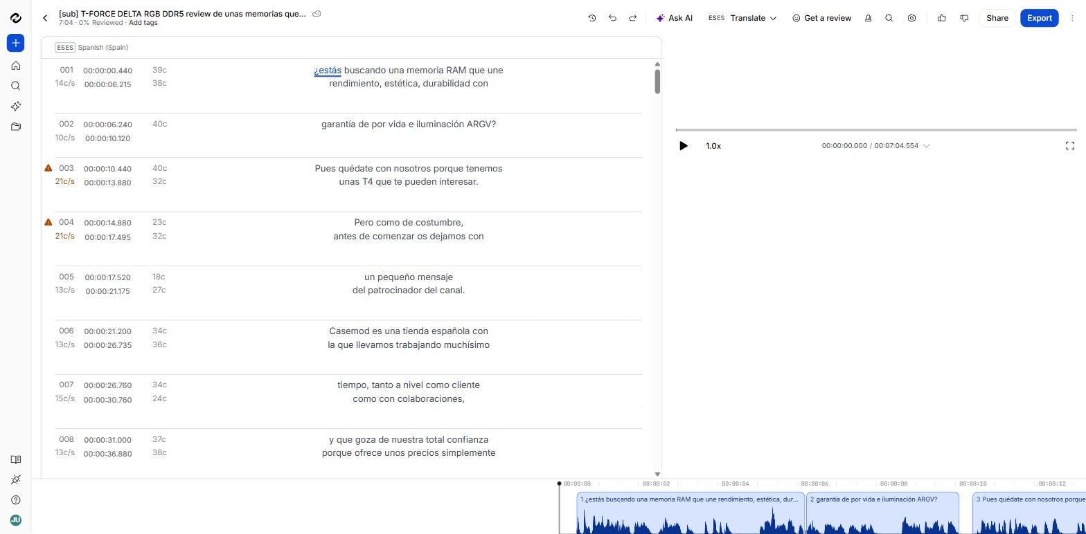 Editor de subtítulos con recuento de caracteres, avisos de velocidad de lectura y línea de tiempo con forma de onda