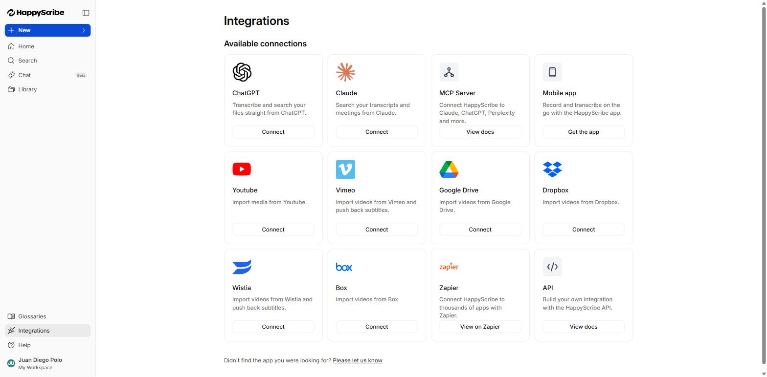 Página de integraciones con ChatGPT, Claude, servidor MCP, app móvil, YouTube, Vimeo, Google Drive, Dropbox, Wistia, Box, Zapier y API