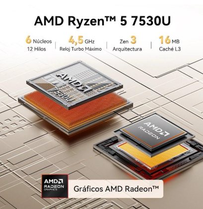 Procesador AMD Ryzen 5 7530U del GEEKOM A5 Pro: 6 núcleos, 12 hilos y arquitectura Zen 3. Imagen: GEEKOM