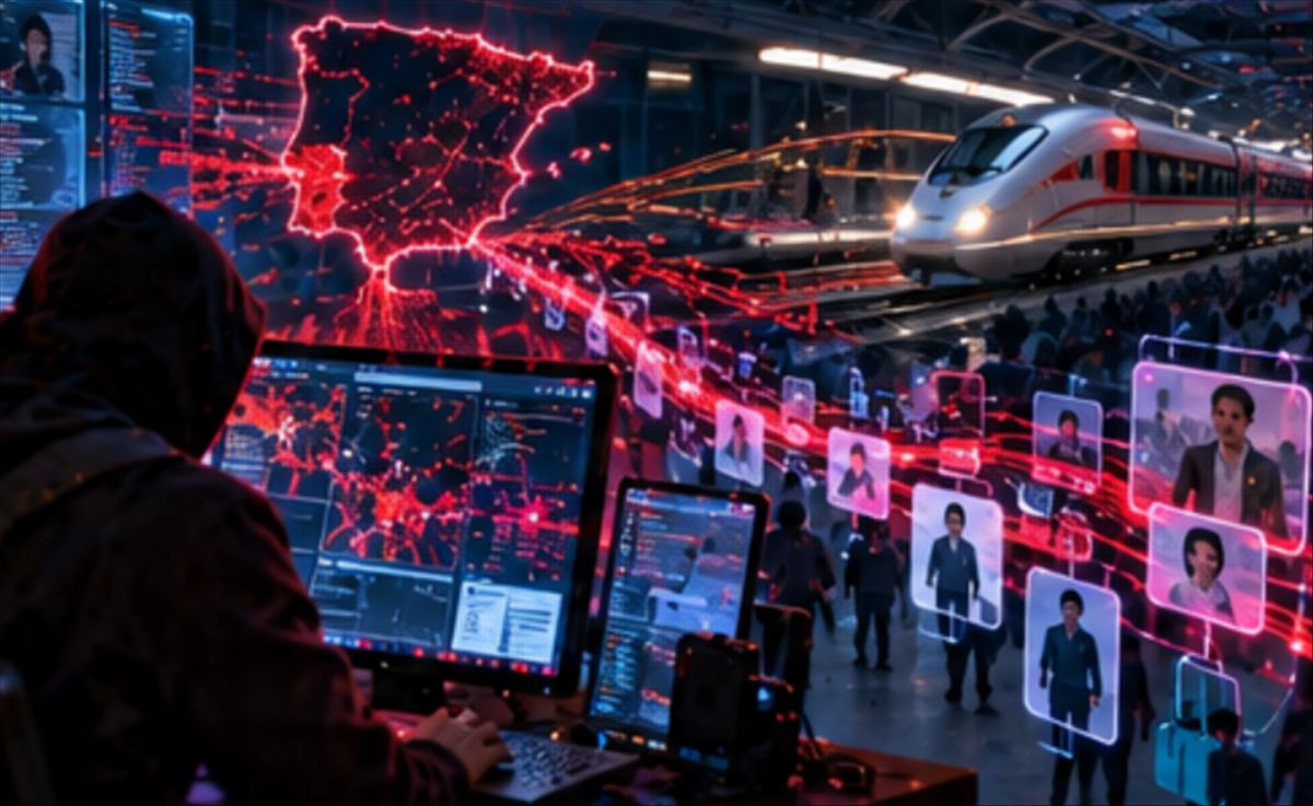 Kapüşonlu terlik giyen bir kişi, İspanya haritası üzerinde kırmızı veri akışları, yüksek hızlı bir tren ve dijital insan temsilleri içeren bilgisayar monitörlerini işletmektedir.