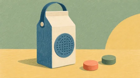Altavoz portátil con botones intercambiables, inspirado en un cartón de leche, representa el nuevo diseño modular.