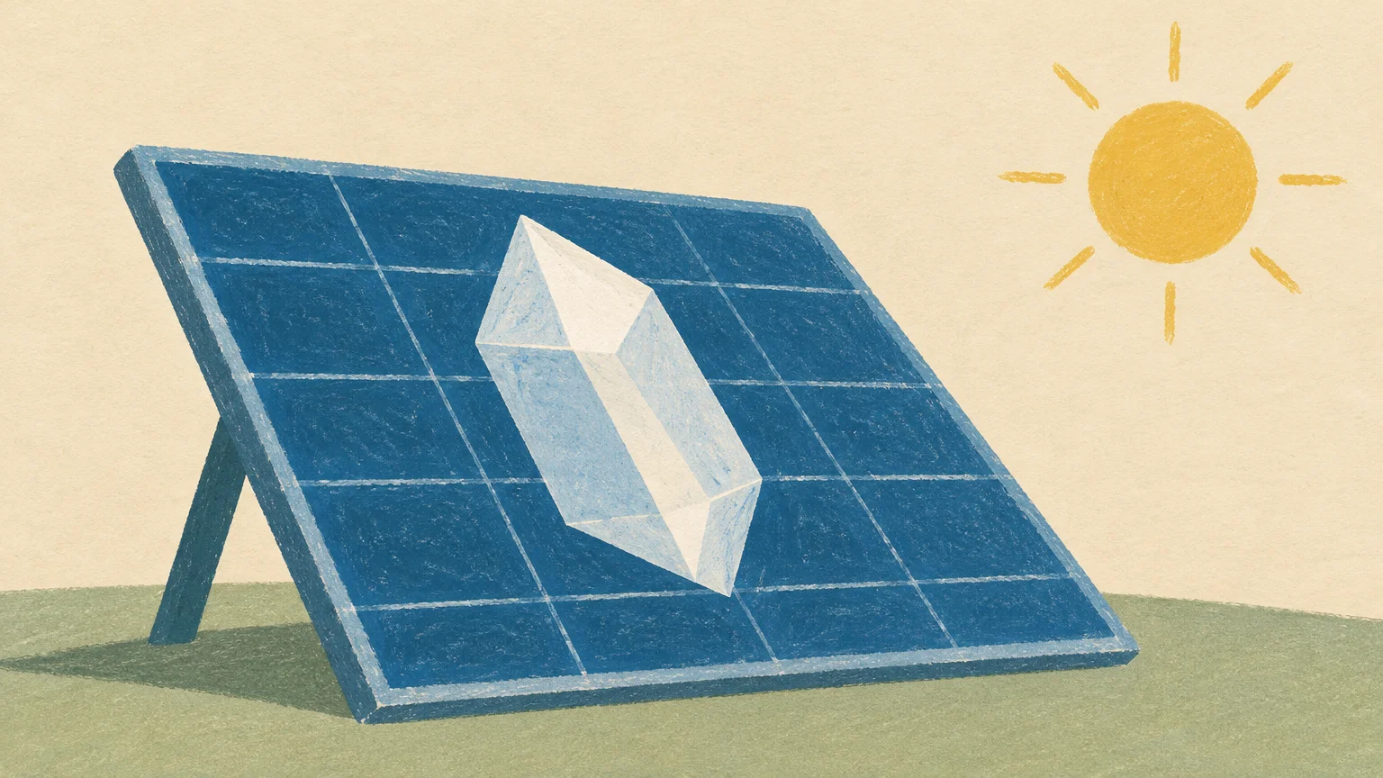 Una placa solar con un cristal destacado representa la mejora de eficiencia de las células de perovskita.