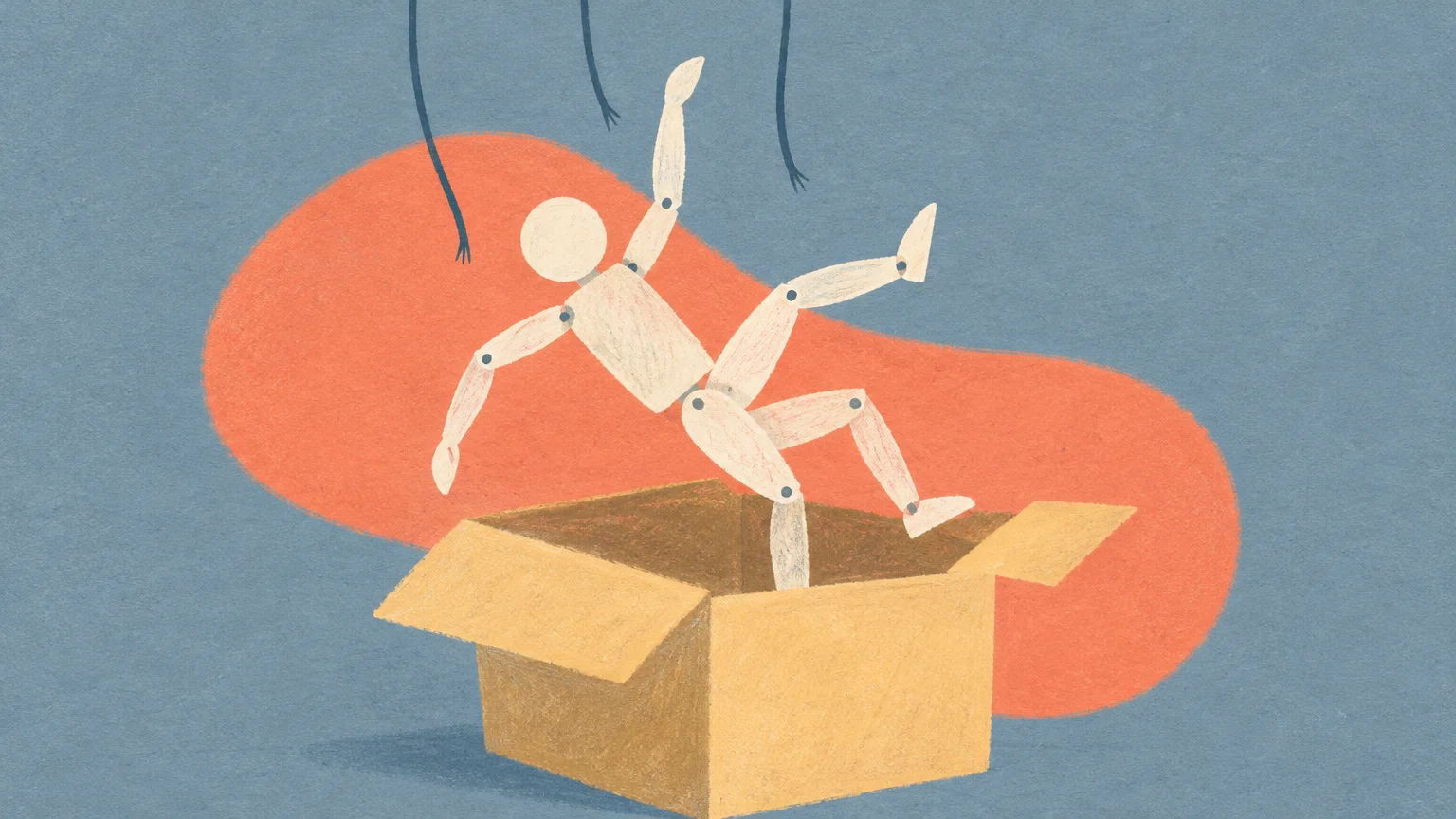Una marioneta con los hilos cortados cae en una caja vacía, símbolo de la bancarrota de Character.AI.